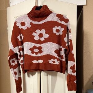 Floral Patterned Red/Maroon Turtleneck Sweater